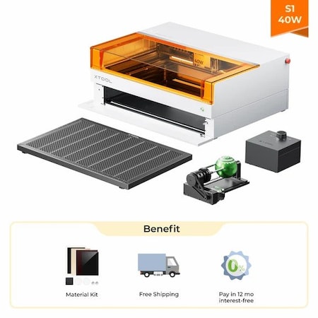Xtool Enclosed Desktop Laser Cutter and Engraver. S1 40w Rotary Kit Pure White. MXD-K101-001